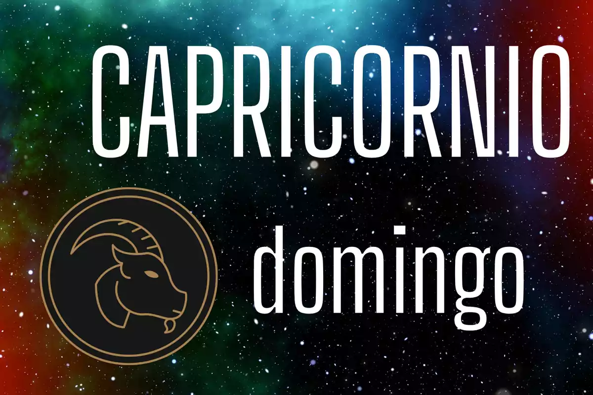 Fondo de galaxia con el texto Capricornio domingo y el símbolo del signo zodiacal de Capricornio