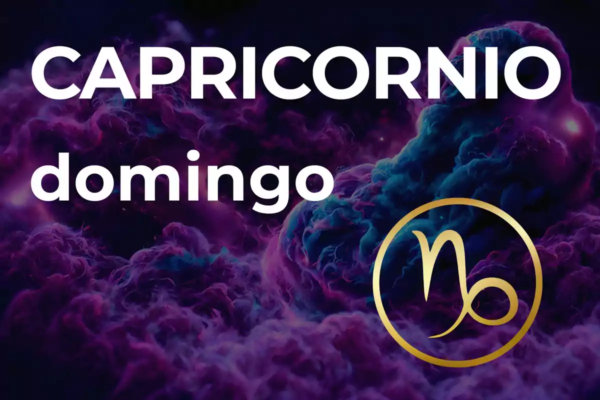 Imagen con el texto Capricornio domingo y el símbolo dorado del signo zodiacal sobre un fondo de nubes moradas y azules.