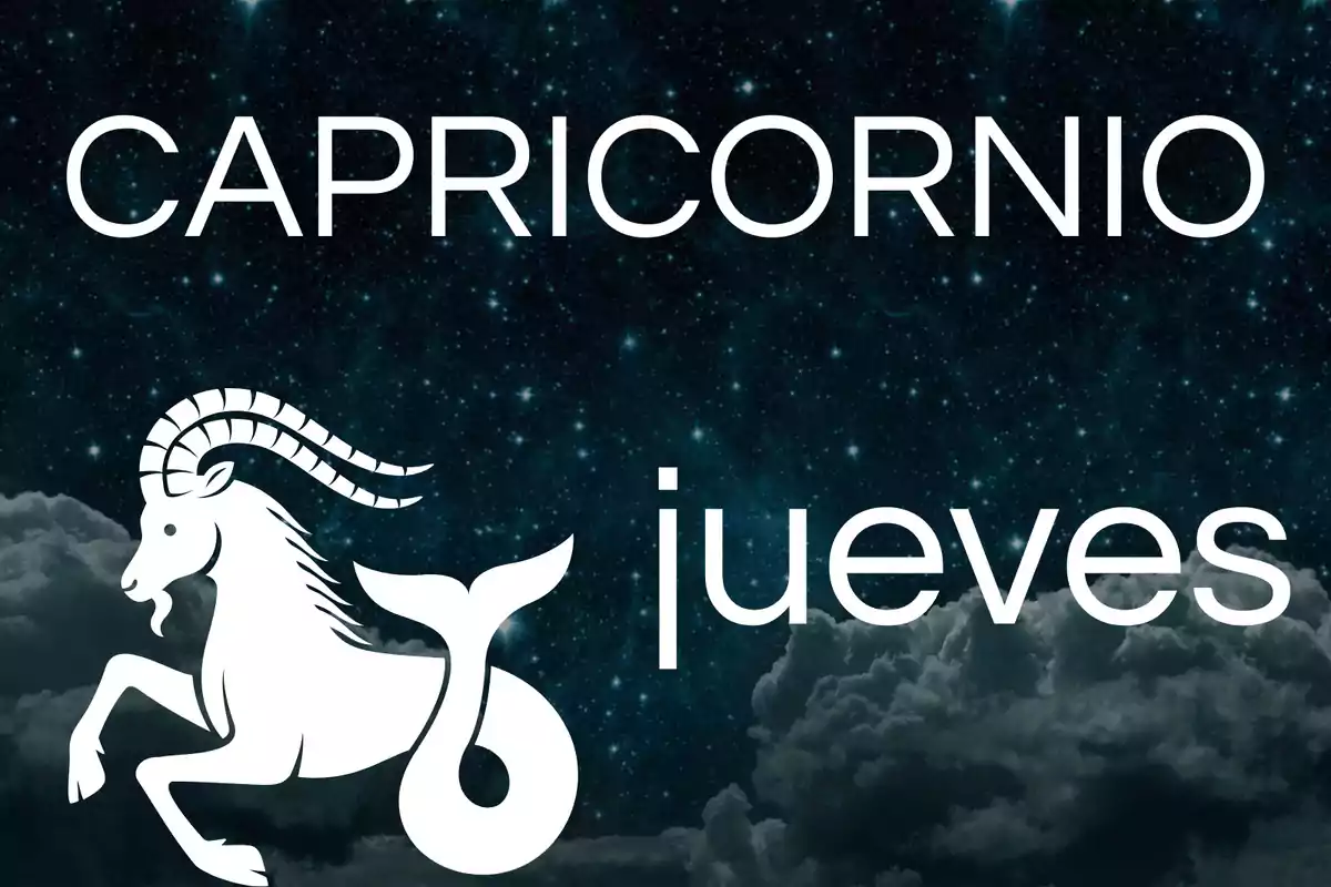 Imagen con el texto Capricornio y jueves sobre un fondo de cielo estrellado, junto a la silueta blanca del símbolo de Capricornio.