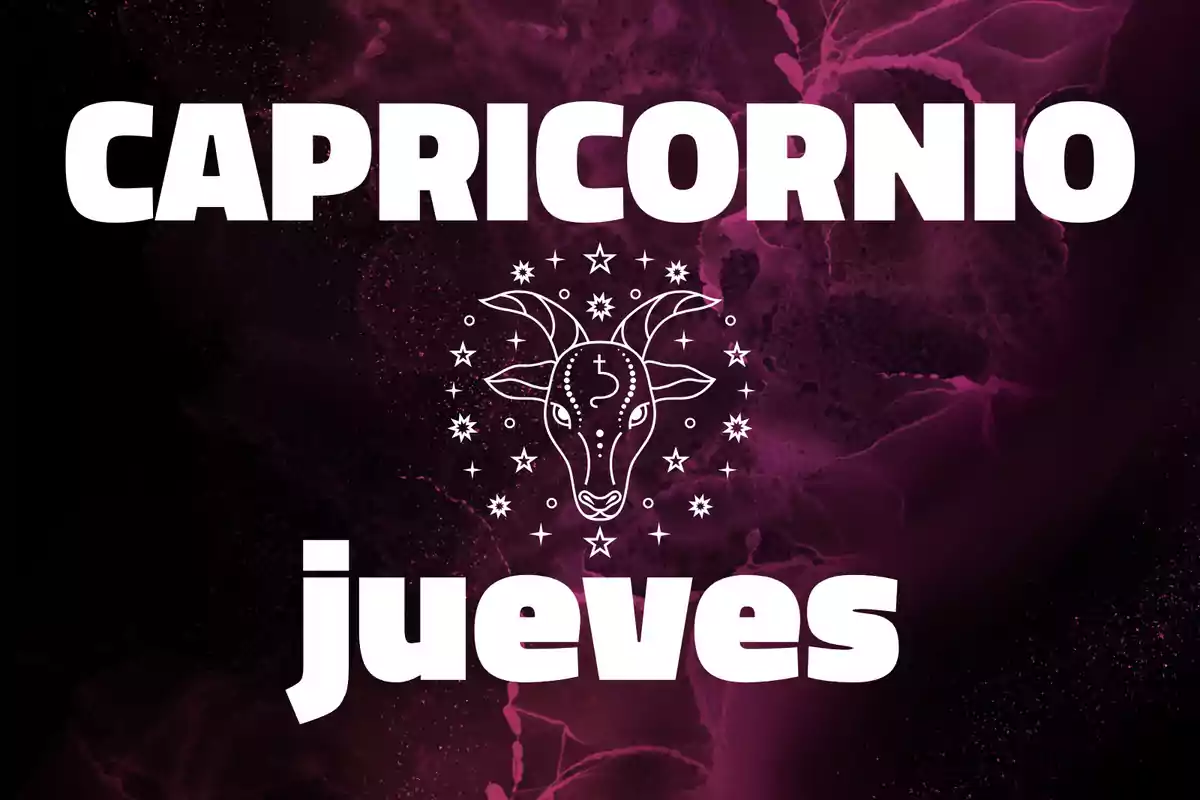 Fondo morado con la palabra Capricornio en la parte superior, un dibujo de cabra en el centro rodeado de estrellas y la palabra jueves en la parte inferior.