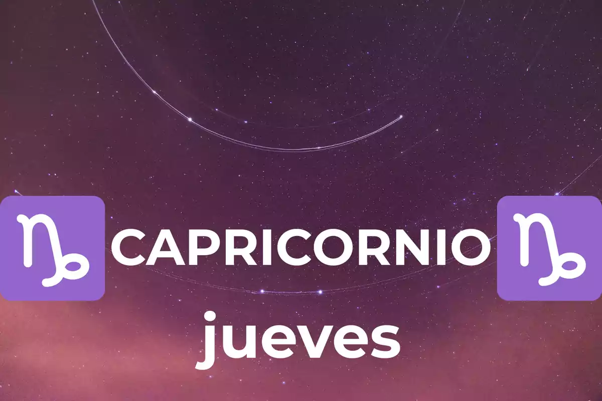 Fondo de cielo estrellado con el texto Capricornio jueves y dos símbolos del signo zodiacal en color morado