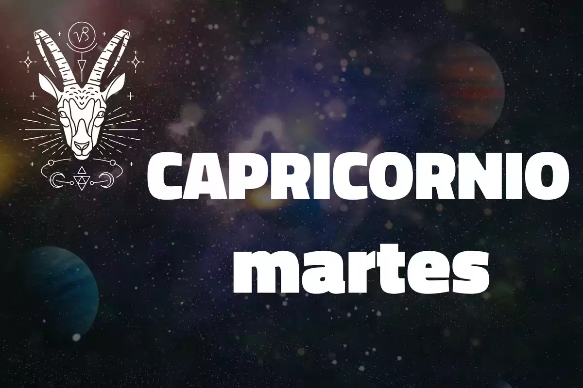 Ilustración de una cabra con símbolos astrológicos y el texto Capricornio martes sobre un fondo de galaxia y planetas.