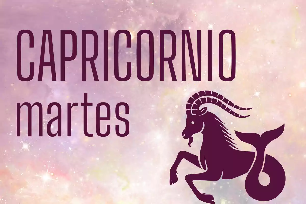 Imagen con fondo de estrellas y tonos pastel, texto que dice Capricornio martes y figura de cabra marina estilizada