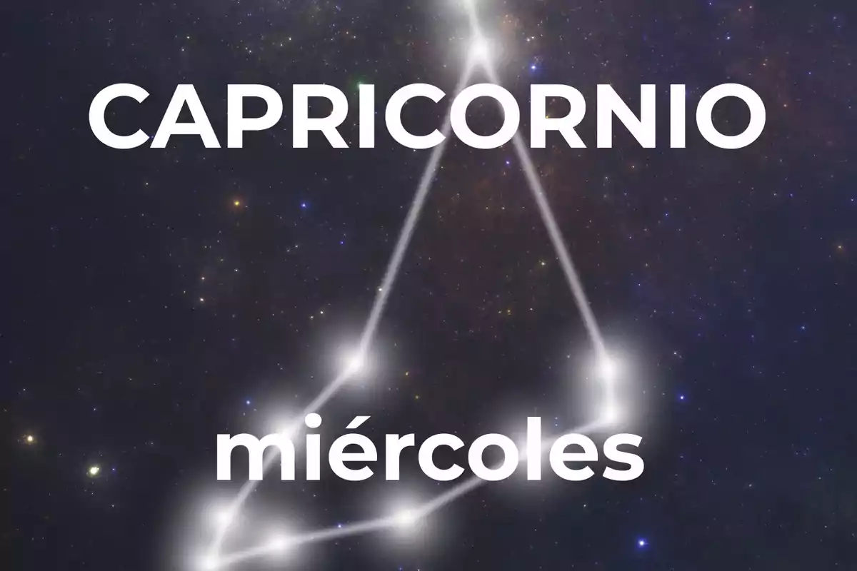 Fondo de estrellas con la constelación de Capricornio resaltada y las palabras Capricornio y miércoles en letras grandes.