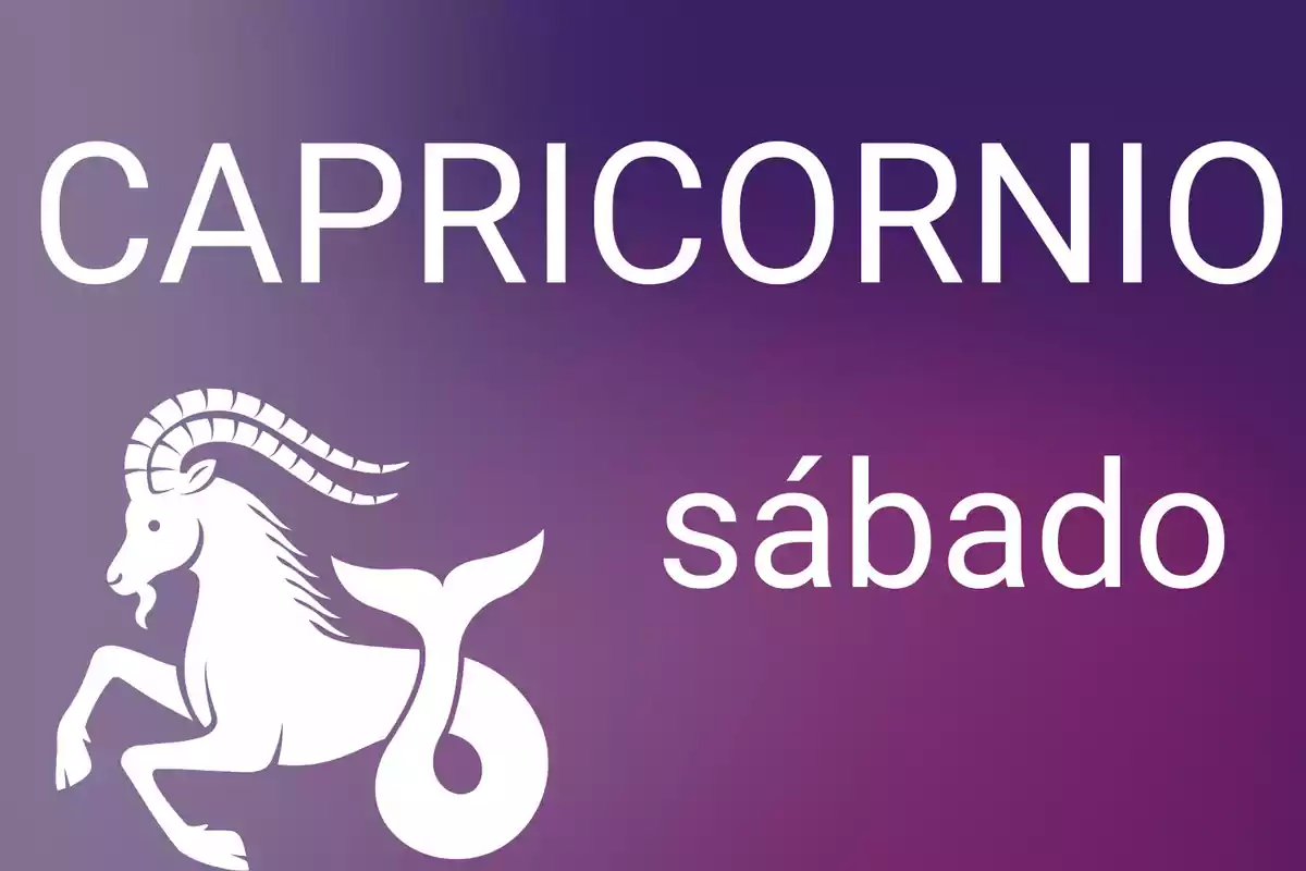 Capricornio con fondo morado y la palabra sábado junto a un símbolo de cabra con cola de pez