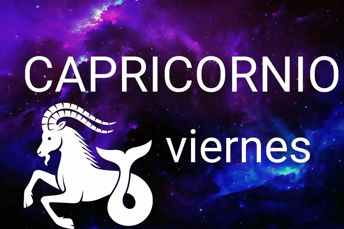Fondo de galaxia morada con el texto Capricornio viernes y la silueta de una cabra con cola de pez