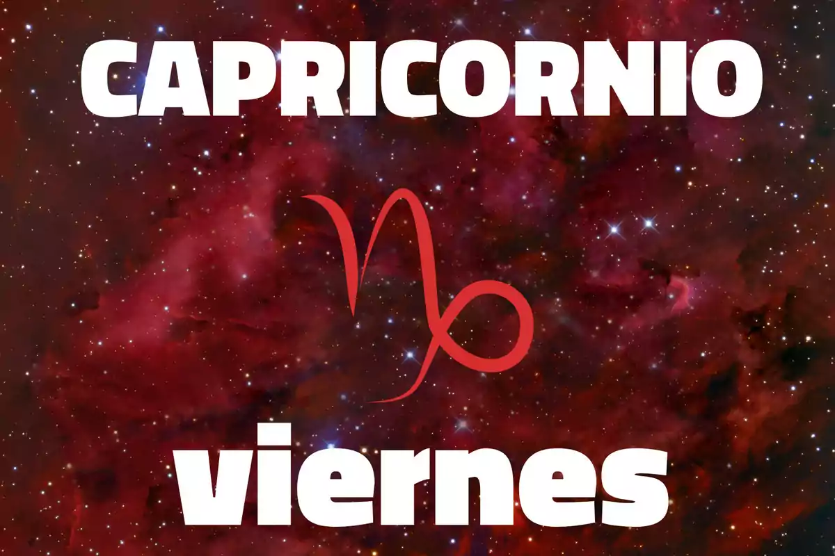 Fondo de galaxia con la palabra Capricornio en la parte superior, el símbolo del signo en el centro y la palabra viernes en la parte inferior