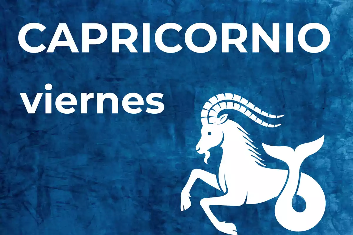 Fondo azul con la palabra Capricornio en grande, viernes en letras más pequeñas y la figura de una cabra con cola de pez.