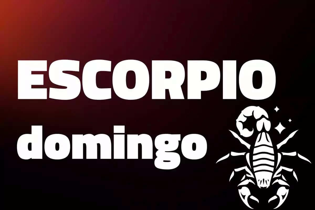 Fondo oscuro con el texto Escorpio domingo en letras grandes y un dibujo de un escorpión blanco a la derecha