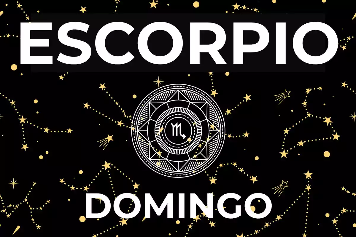 Fondo negro con constelaciones doradas, en el centro un círculo decorativo con el símbolo de Escorpio y las palabras Escorpio y Domingo en letras grandes blancas.