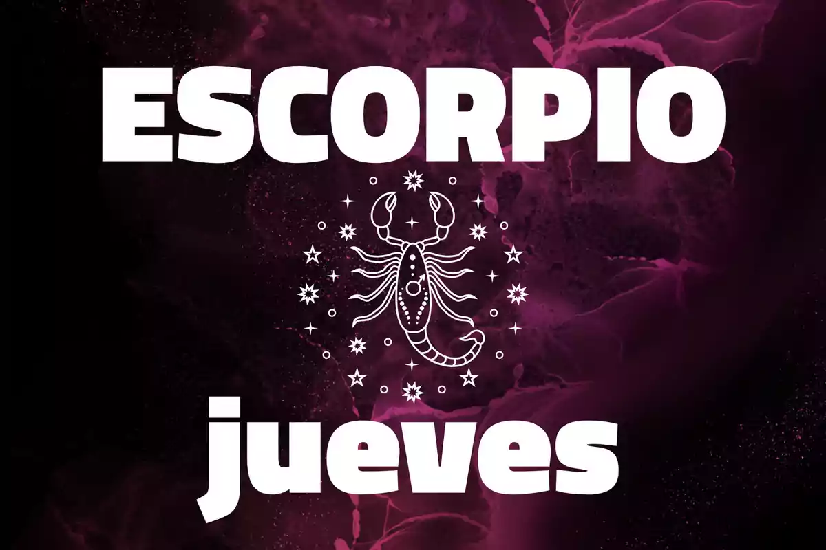 Fondo púrpura con la palabra Escorpio en la parte superior, un dibujo de escorpión en el centro rodeado de estrellas y la palabra jueves en la parte inferior