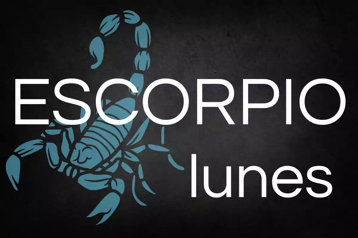 Fondo negro con un escorpión azul y las palabras escorpio y lunes en letras blancas