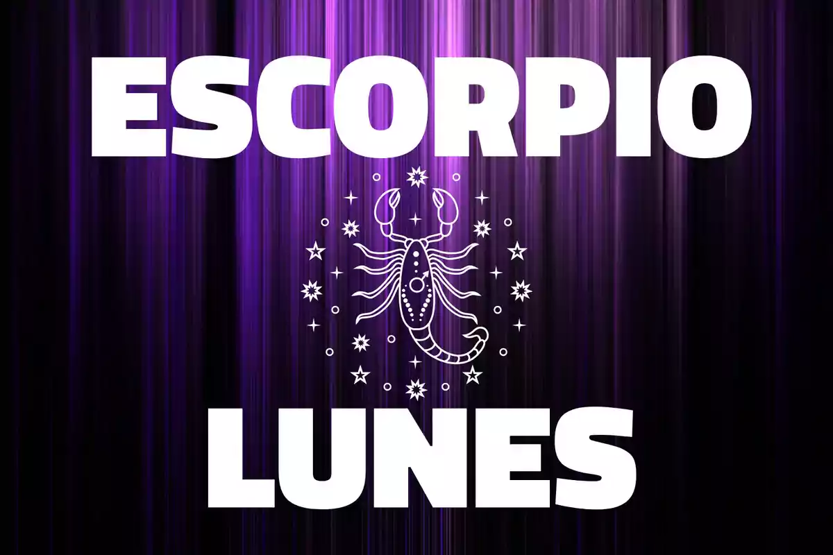 Fondo morado con líneas verticales, un escorpión blanco rodeado de estrellas y las palabras Escorpio y Lunes en letras grandes blancas