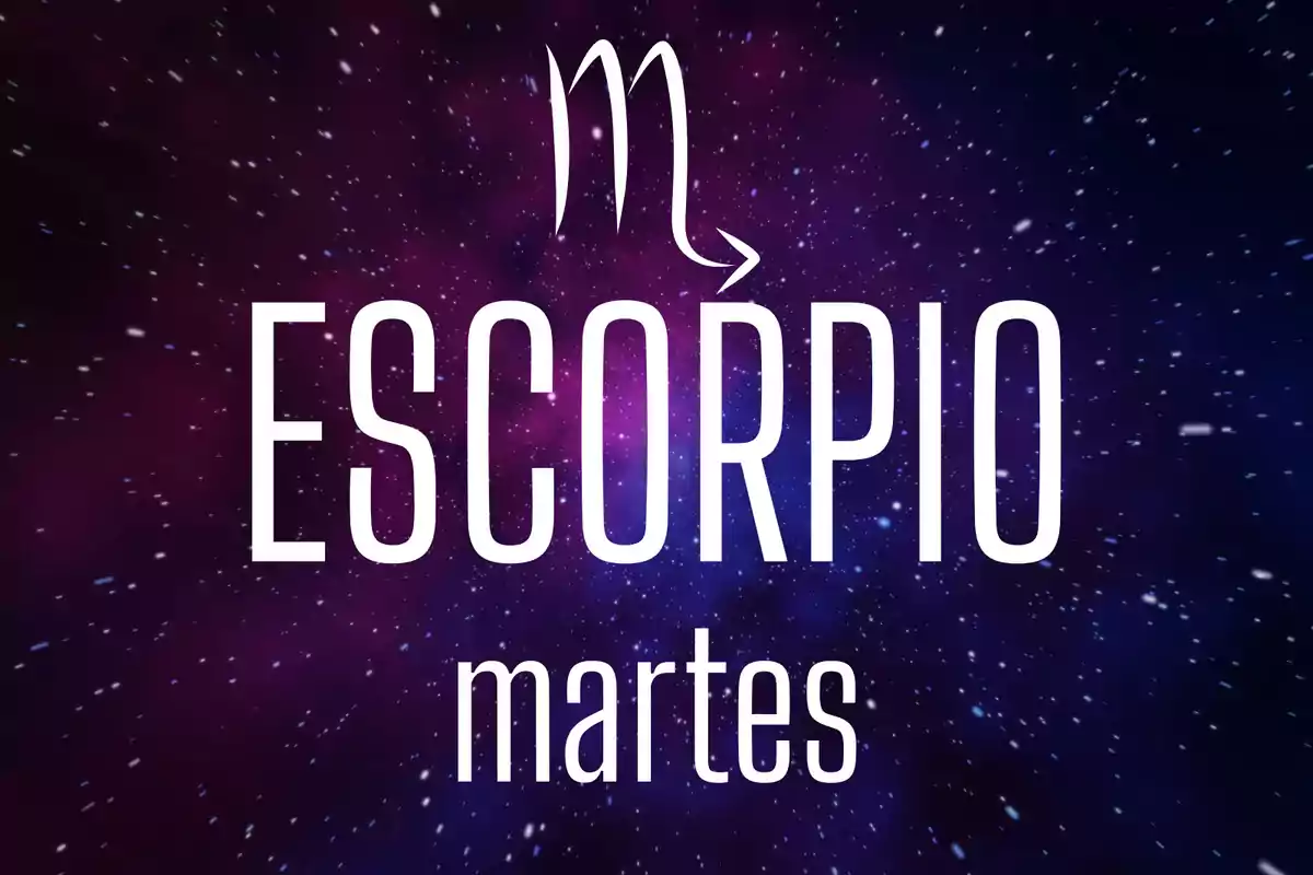 Fondo estrellado con el símbolo de escorpio y las palabras escorpio martes en el centro