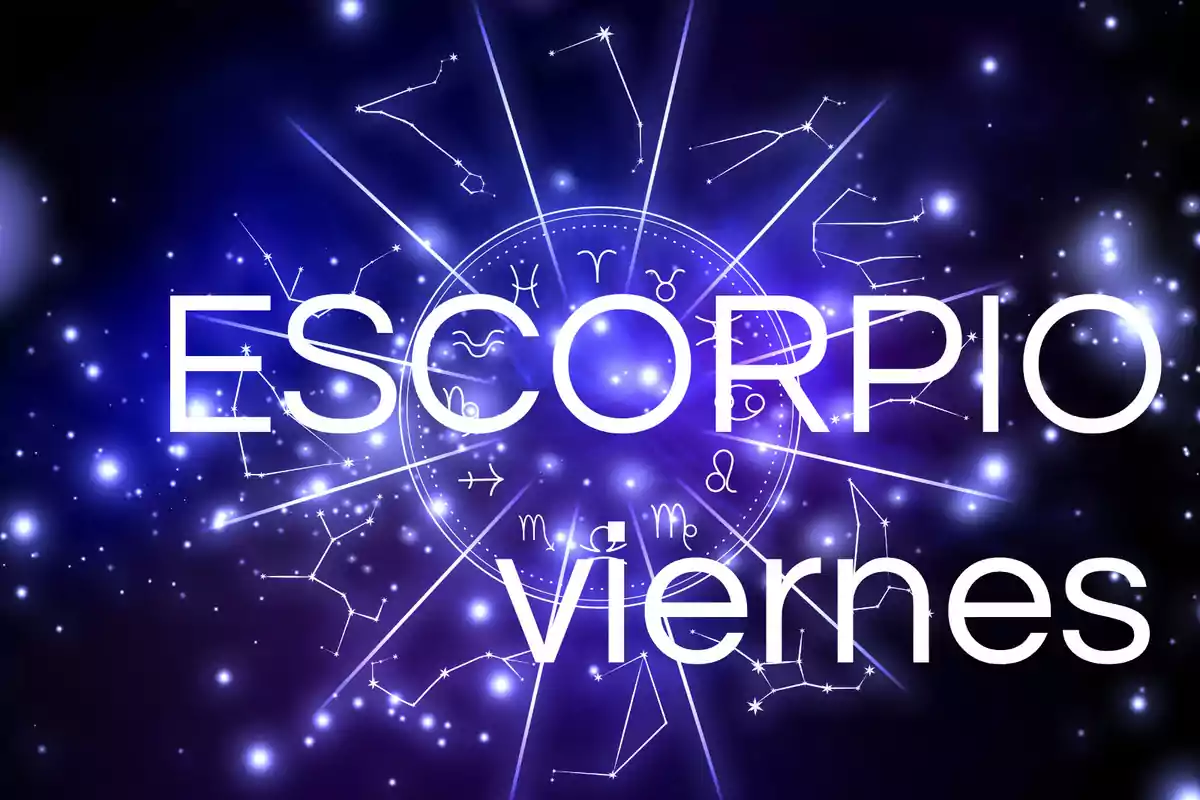 Fondo azul con constelaciones y símbolos zodiacales con las palabras Escorpio y viernes en letras grandes blancas