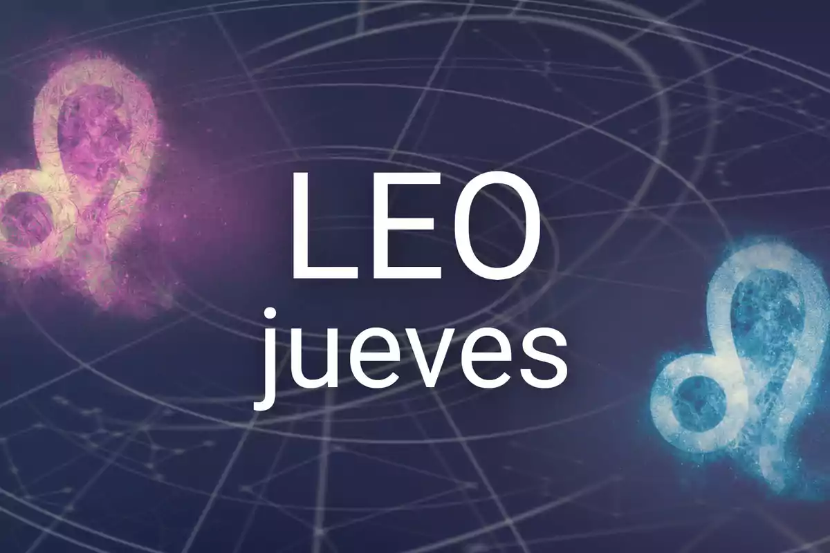 Signo zodiacal Leo con la palabra jueves sobre un fondo de constelaciones y símbolos de Leo en colores morado y azul