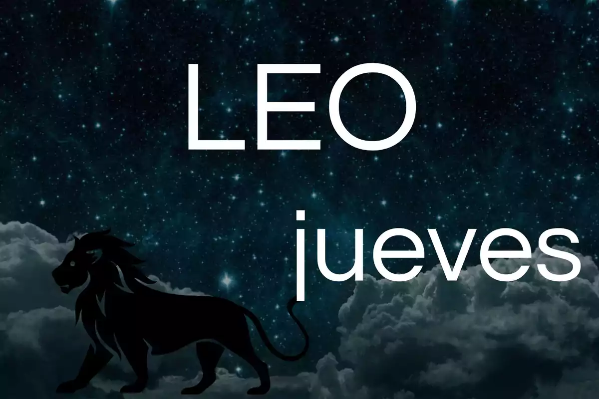 Fondo estrellado con nubes, silueta de un león y las palabras LEO jueves en letras grandes.
