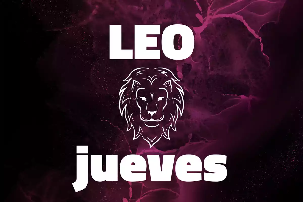 Fondo oscuro con detalles morados, un dibujo de la cabeza de un león en el centro y las palabras LEO arriba y jueves abajo en letras grandes blancas.