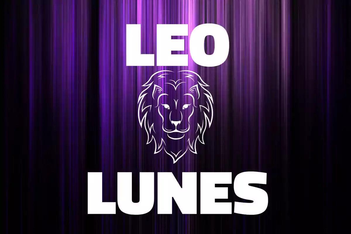 Fondo de líneas moradas con la palabra LEO en la parte superior, un dibujo de la cabeza de un león en el centro y la palabra LUNES en la parte inferior, todo en letras blancas mayúsculas