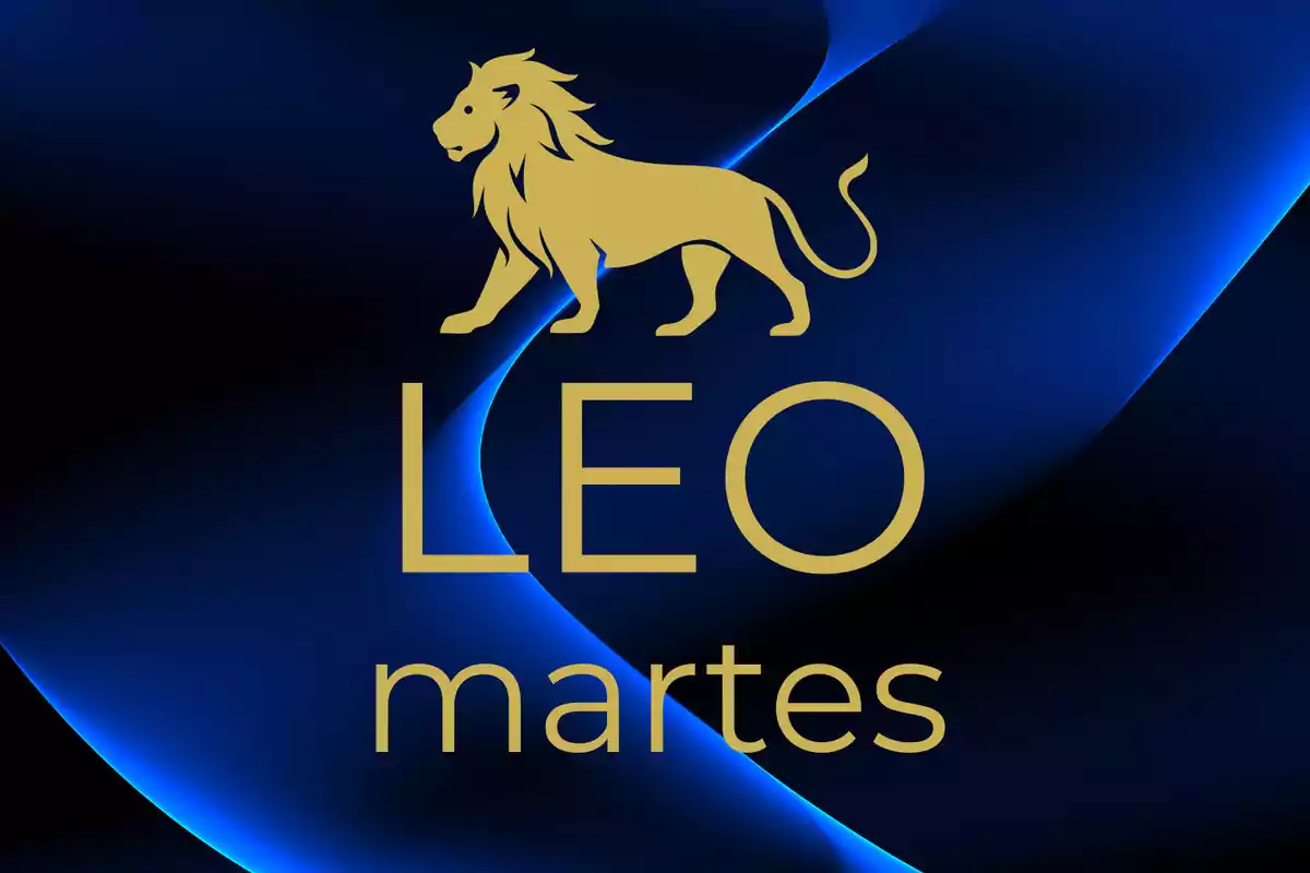 Imagen con un león dorado sobre un fondo azul oscuro y las palabras LEO y martes en letras doradas