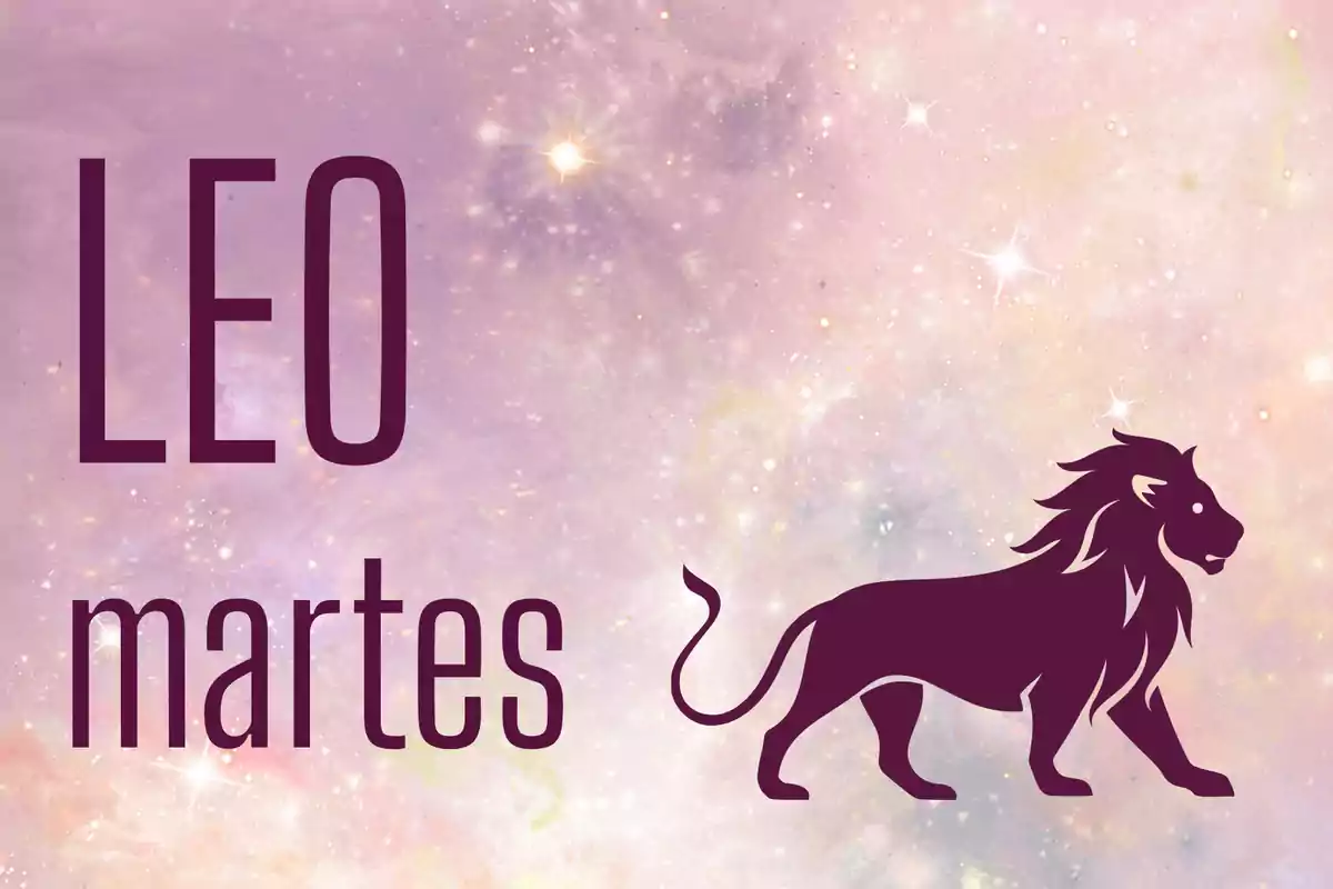 Imagen con fondo de estrellas y tonos rosados, texto Leo martes y silueta de un león a la derecha
