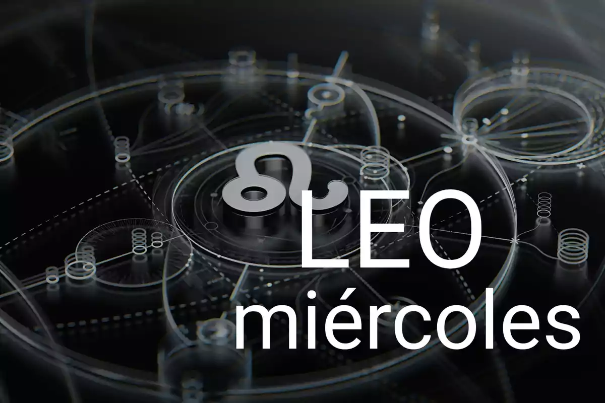 Símbolo del signo zodiacal Leo con la palabra miércoles sobre un fondo de diseño abstracto en tonos oscuros