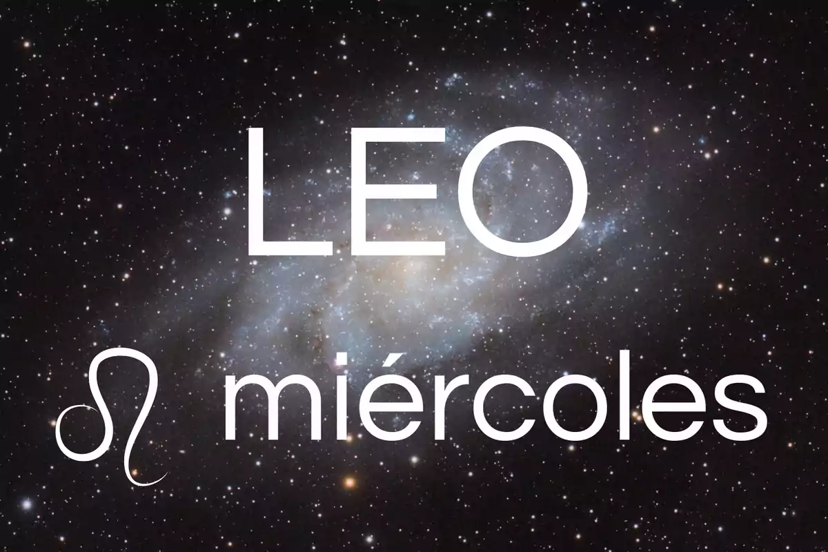 Fondo de galaxia con la palabra LEO en grande, el símbolo zodiacal de Leo y la palabra miércoles en letras blancas
