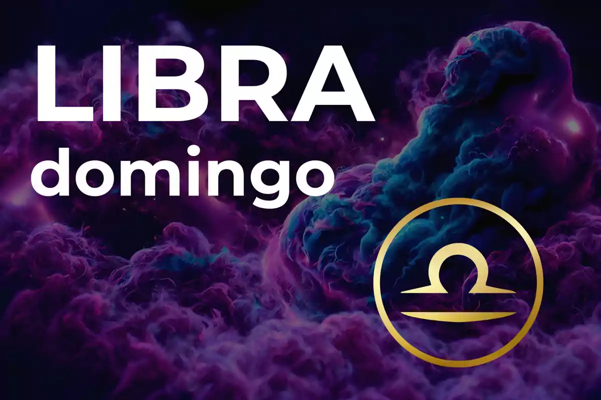 Imagen con fondo de nubes en tonos morados y azules, texto grande que dice LIBRA domingo y el símbolo dorado del signo zodiacal de Libra