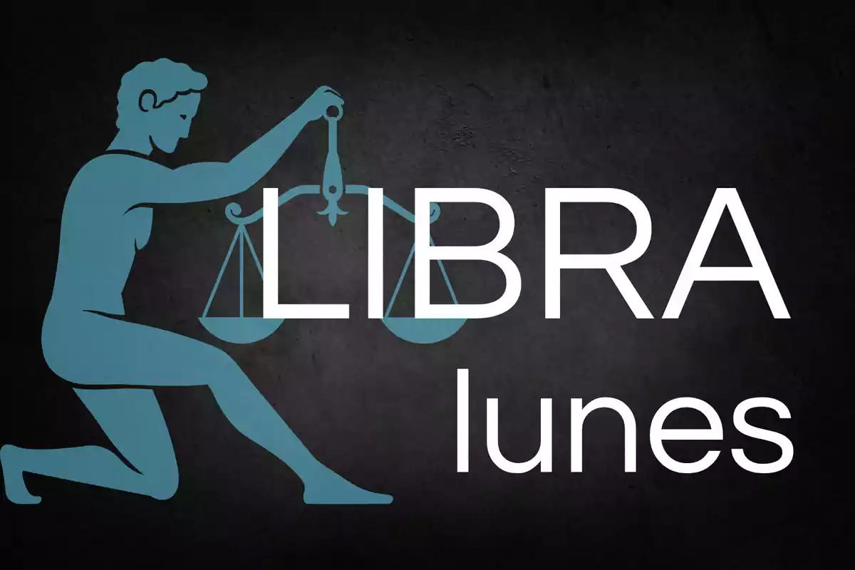 Ilustración de una figura humana azul sosteniendo una balanza con las palabras LIBRA y lunes sobre un fondo oscuro