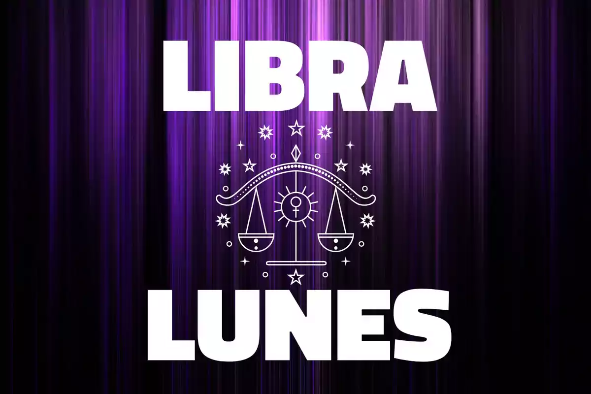 Fondo de líneas verticales en tonos morados con la palabra LIBRA en la parte superior, un dibujo de una balanza en el centro y la palabra LUNES en la parte inferior