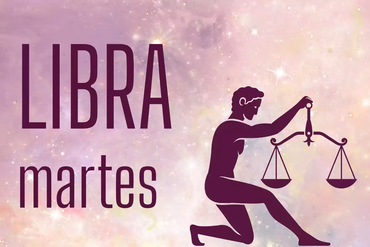 Ilustración de una figura sosteniendo una balanza junto a las palabras Libra martes sobre un fondo de estrellas y tonos pastel.