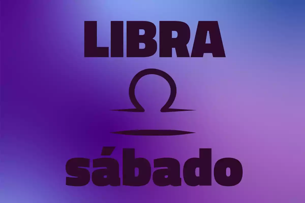 Fondo degradado en tonos morados con la palabra Libra en la parte superior, el símbolo del signo en el centro y la palabra sábado en la parte inferior