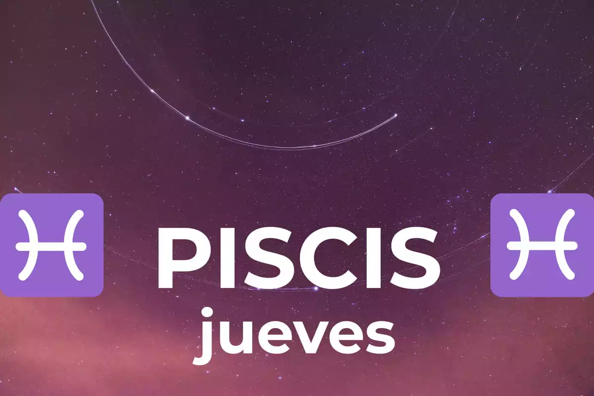 Fondo de cielo estrellado con el texto Piscis jueves y dos símbolos del signo piscis en color morado