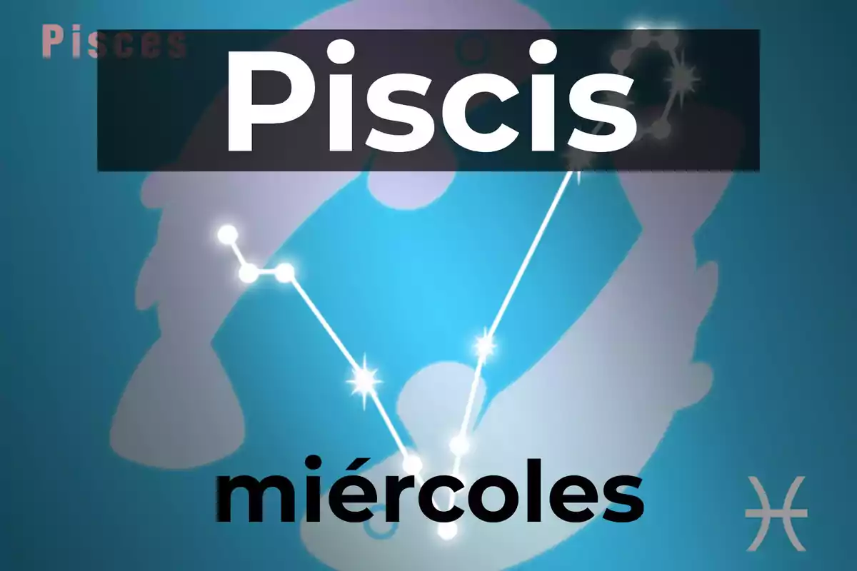 Imagen con el signo zodiacal Piscis, la constelación correspondiente y la palabra miércoles en grande.