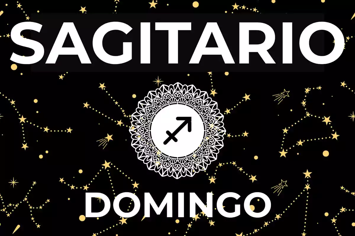 Imagen con la palabra Sagitario en la parte superior, un símbolo zodiacal en el centro rodeado de un diseño decorativo y la palabra Domingo en la parte inferior, sobre un fondo negro con estrellas doradas.