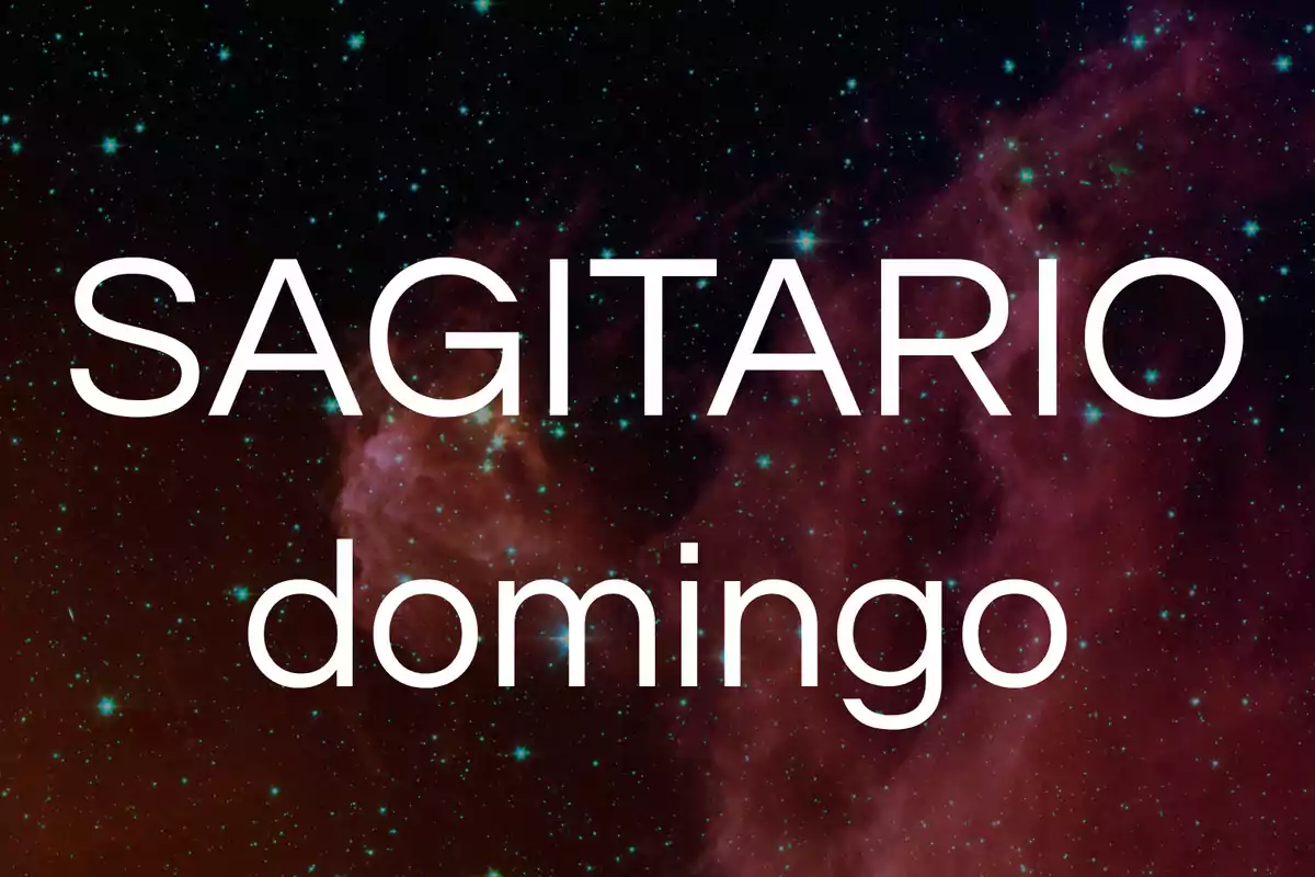Texto Sagitario domingo sobre un fondo de estrellas y nebulosas en el espacio.