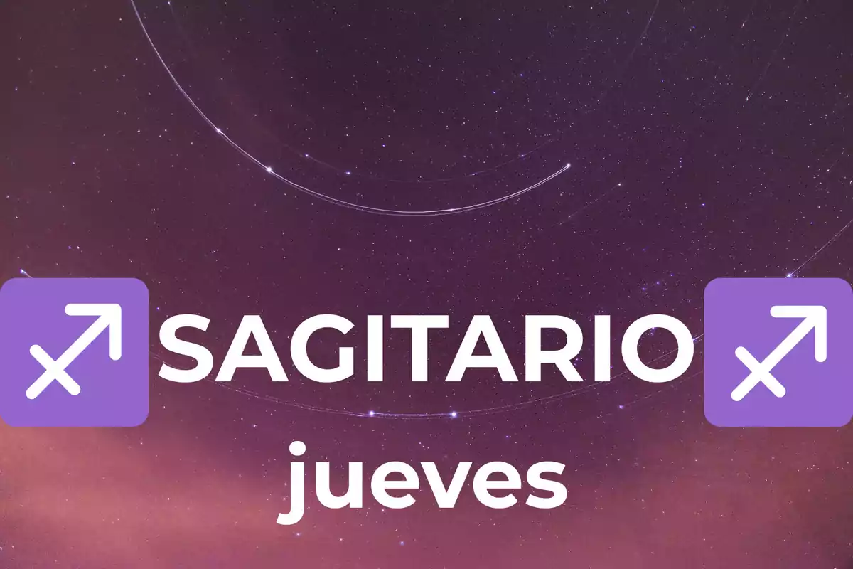 Fondo de cielo estrellado con la palabra Sagitario en grande y jueves debajo, acompañado de dos símbolos del signo zodiacal Sagitario en color morado.