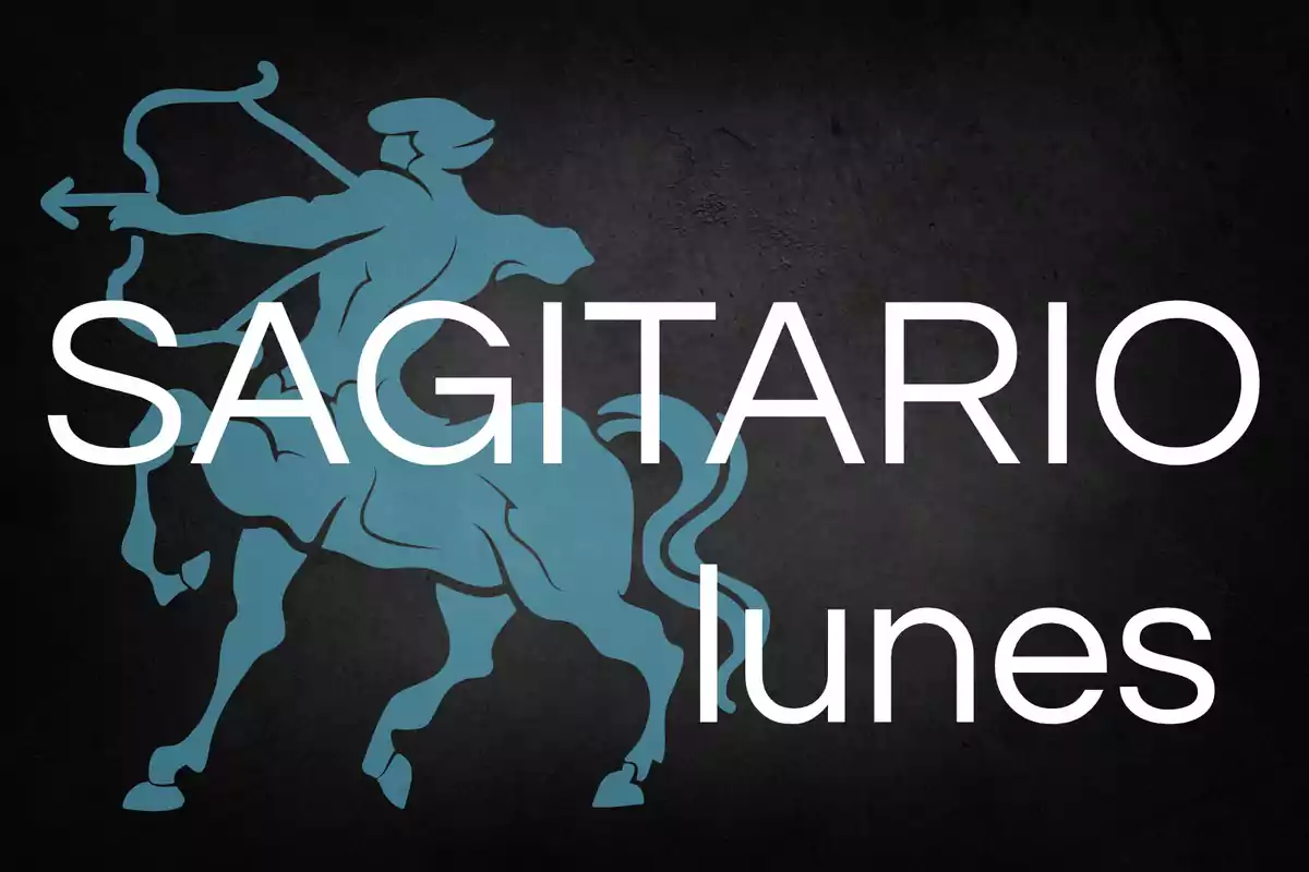 Fondo oscuro con la silueta azul de un centauro arquero y las palabras Sagitario y lunes en letras blancas grandes