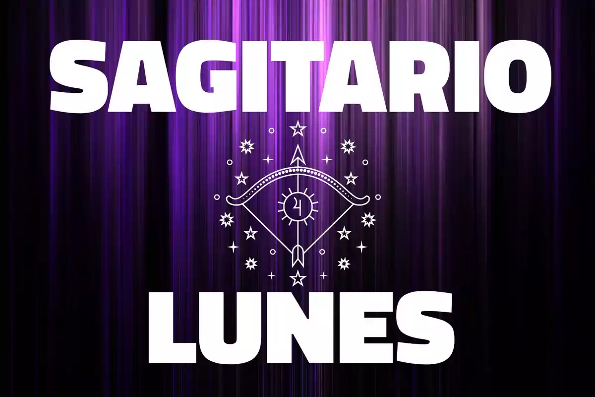 Fondo morado con líneas verticales, texto Sagitario en la parte superior y Lunes en la parte inferior, con un diseño místico de estrellas y un ojo en el centro.