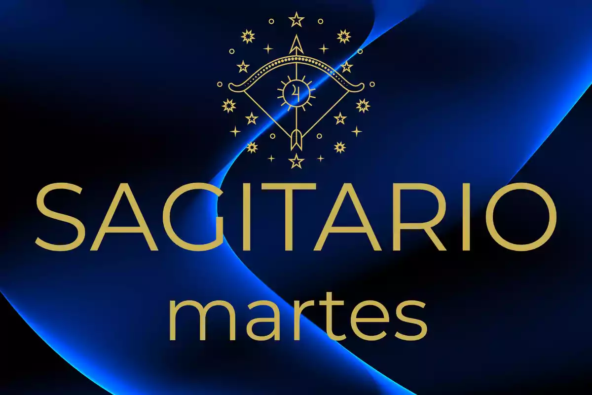 Fondo azul con líneas onduladas y el texto Sagitario martes en letras doradas junto a un símbolo astrológico.
