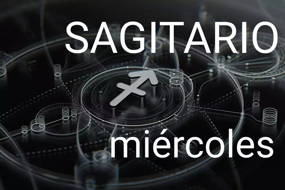 Sagitario y miércoles escritos en letras grandes sobre un fondo oscuro con un símbolo zodiacal en el centro