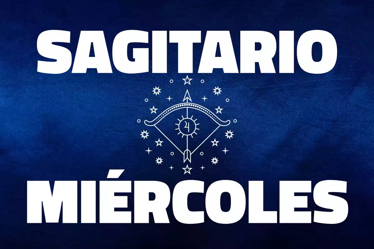 Fondo azul con las palabras Sagitario y Miércoles en letras blancas grandes y un diseño de arco y flecha con estrellas en el centro