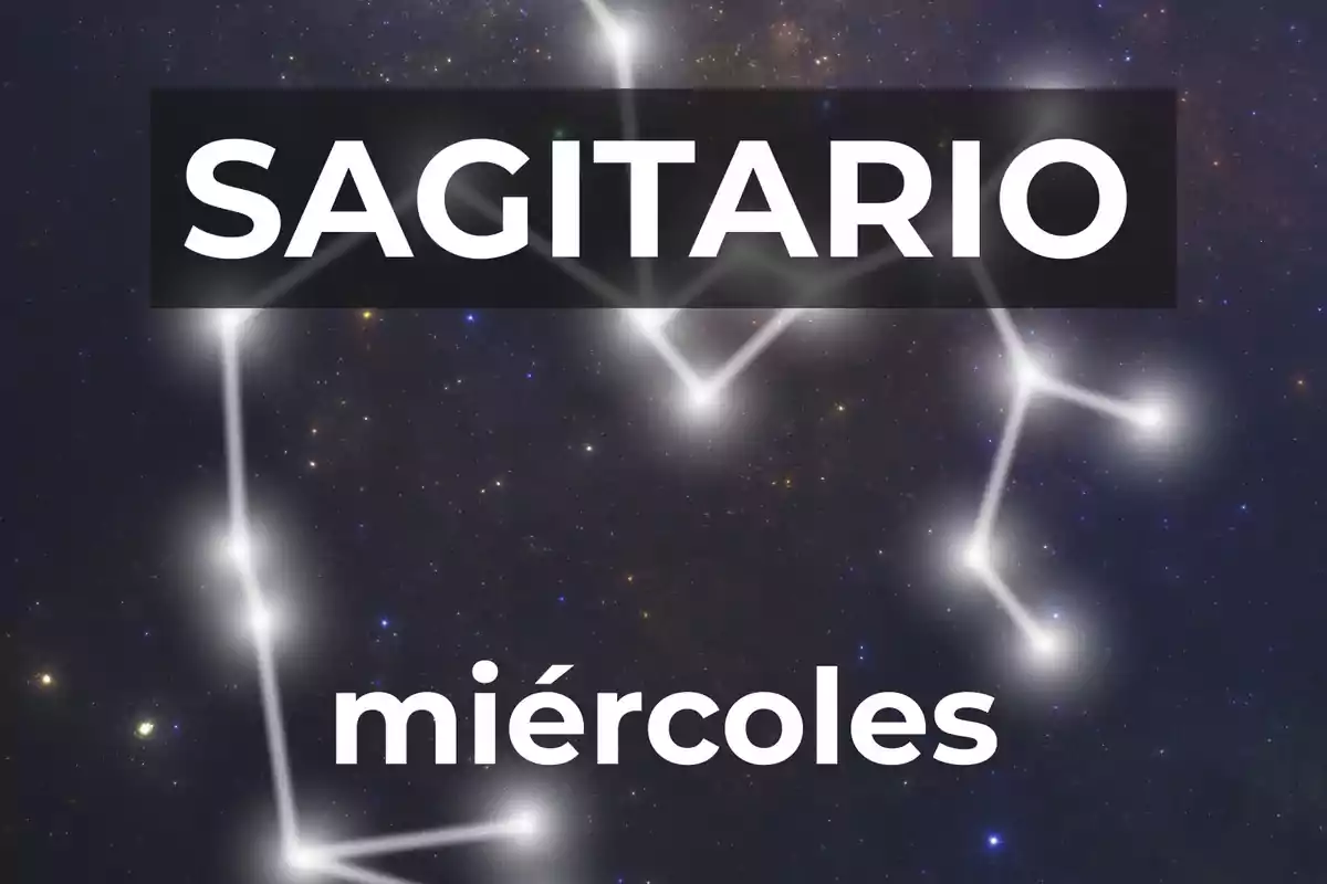 Fondo de estrellas con la constelación de Sagitario resaltada y las palabras Sagitario y miércoles en letras grandes.