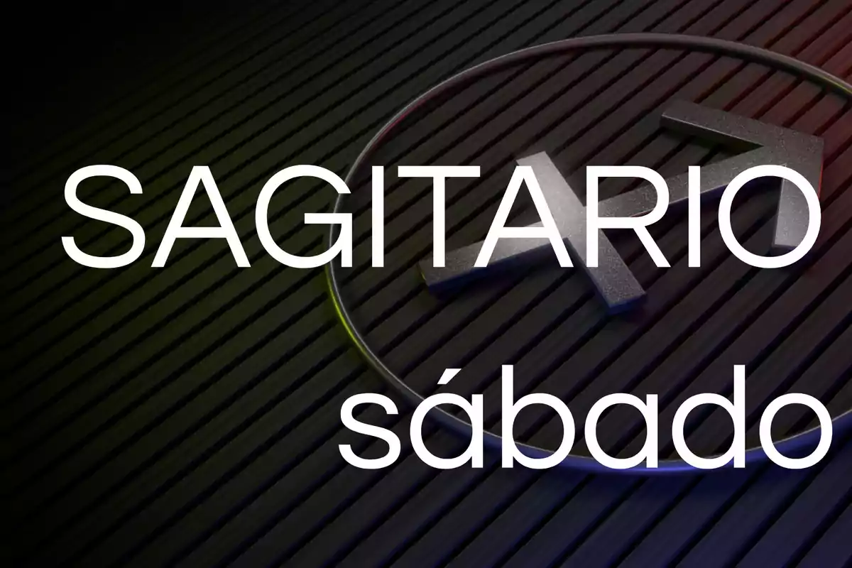 Texto Sagitario y sábado sobre un fondo oscuro con el símbolo del signo zodiacal Sagitario.