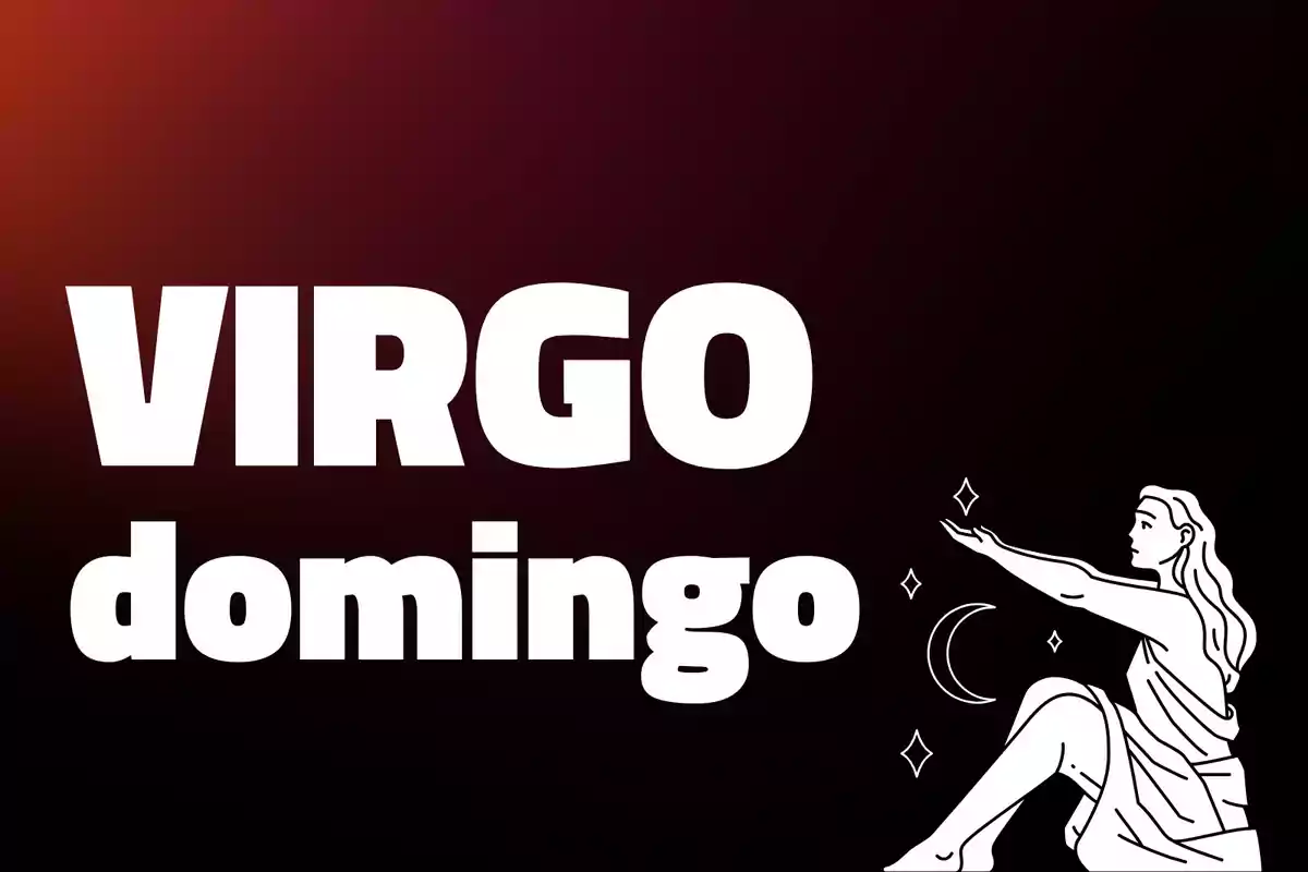 Imagen con fondo oscuro, texto grande que dice VIRGO domingo y una ilustración de una mujer sentada con estrellas y una luna a su alrededor.