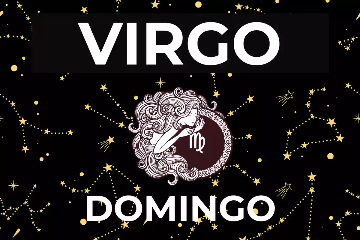 Fondo de constelaciones con la palabra Virgo en la parte superior, una ilustración de una mujer con el símbolo de Virgo en el centro y la palabra Domingo en la parte inferior