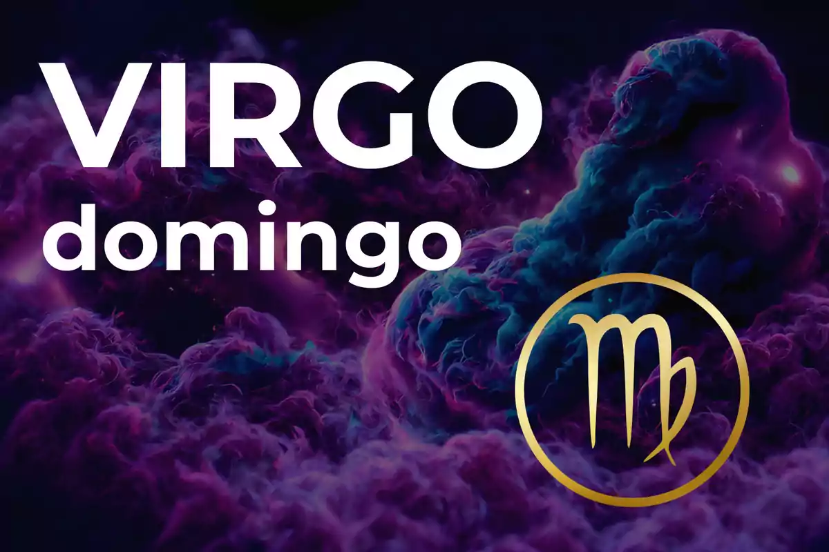 Predicción para Virgo el domingo con fondo de nubes moradas y símbolo dorado del signo zodiacal