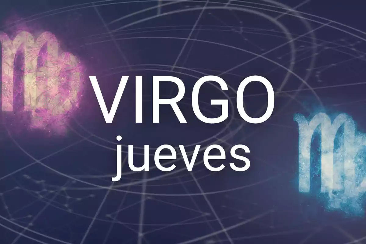 Horóscopo de Virgo para el jueves con fondo de símbolos zodiacales y colores azul y rosa