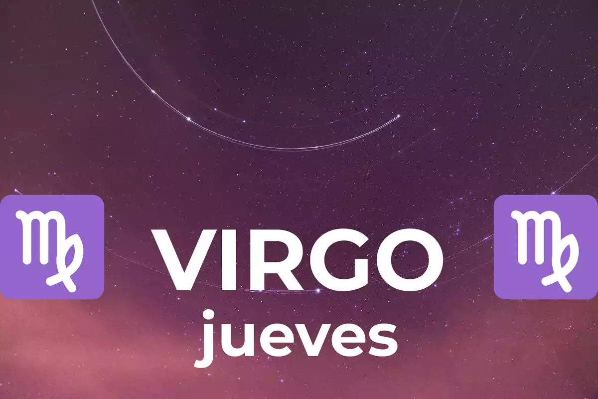 Fondo de cielo estrellado con el texto Virgo jueves y dos símbolos del signo Virgo en color morado