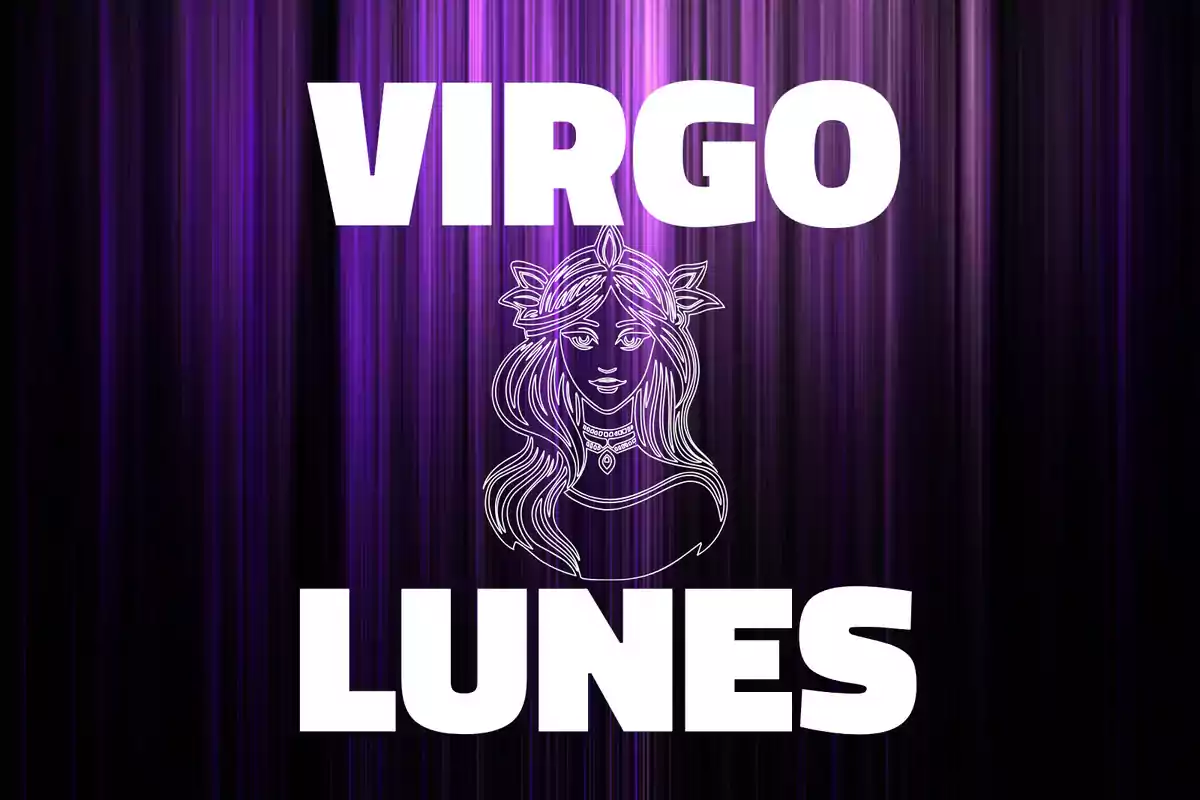 Fondo de líneas moradas con la palabra VIRGO en la parte superior, un dibujo de una mujer en el centro y la palabra LUNES en la parte inferior